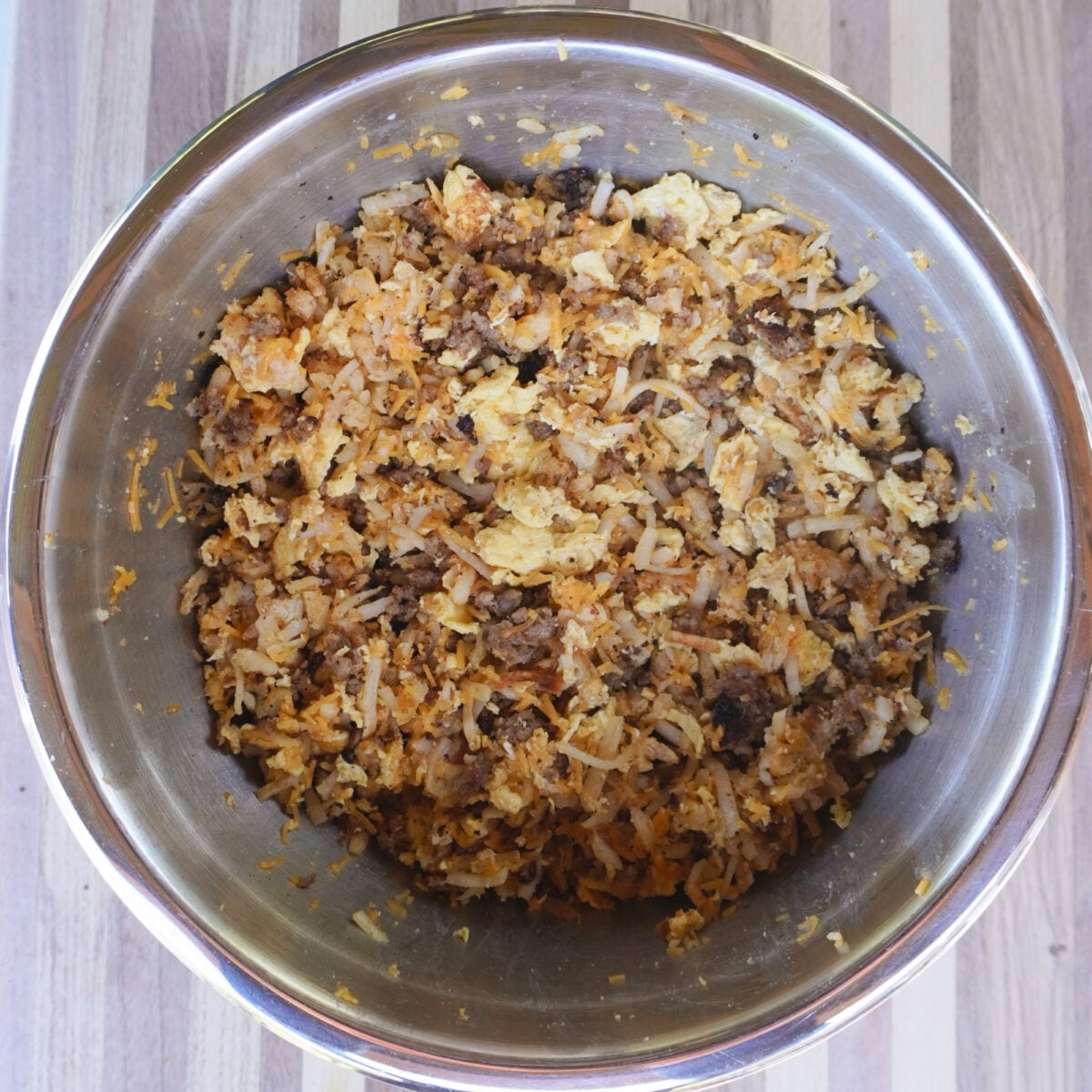 Breakfast burrito ingredients in a bowl.