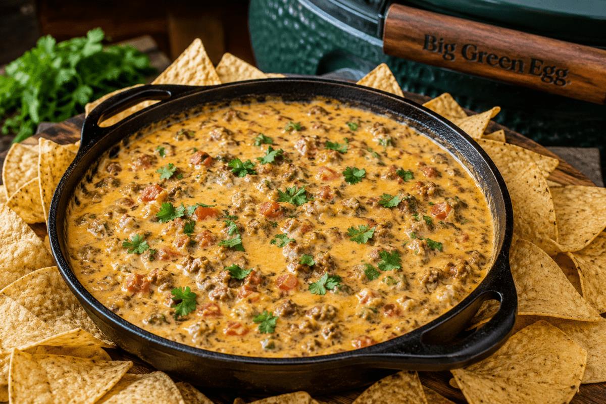 Cast Iron Queso Dip on the Big Green Egg