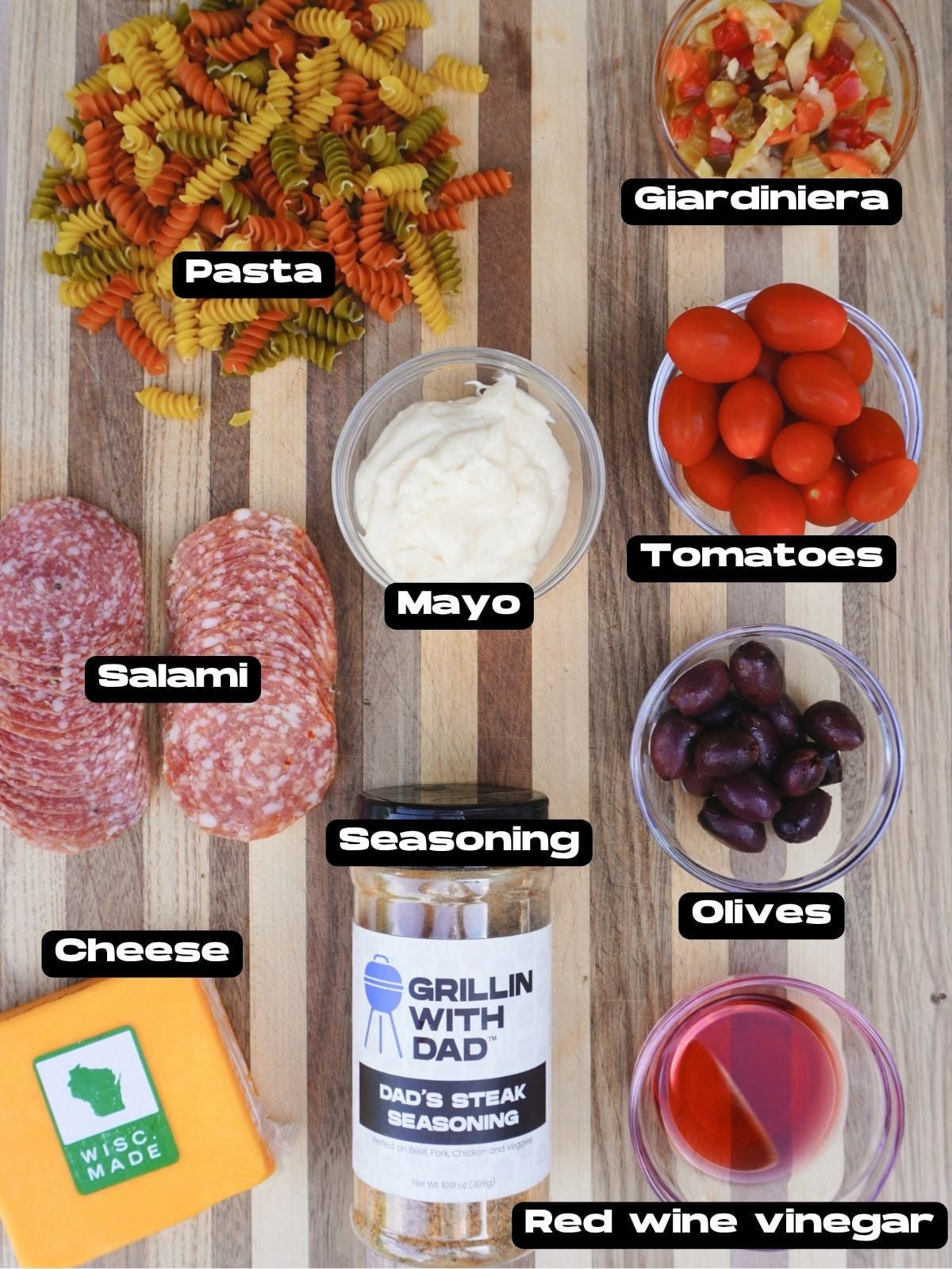 Ingredients for a classic chicago style pasta salad.