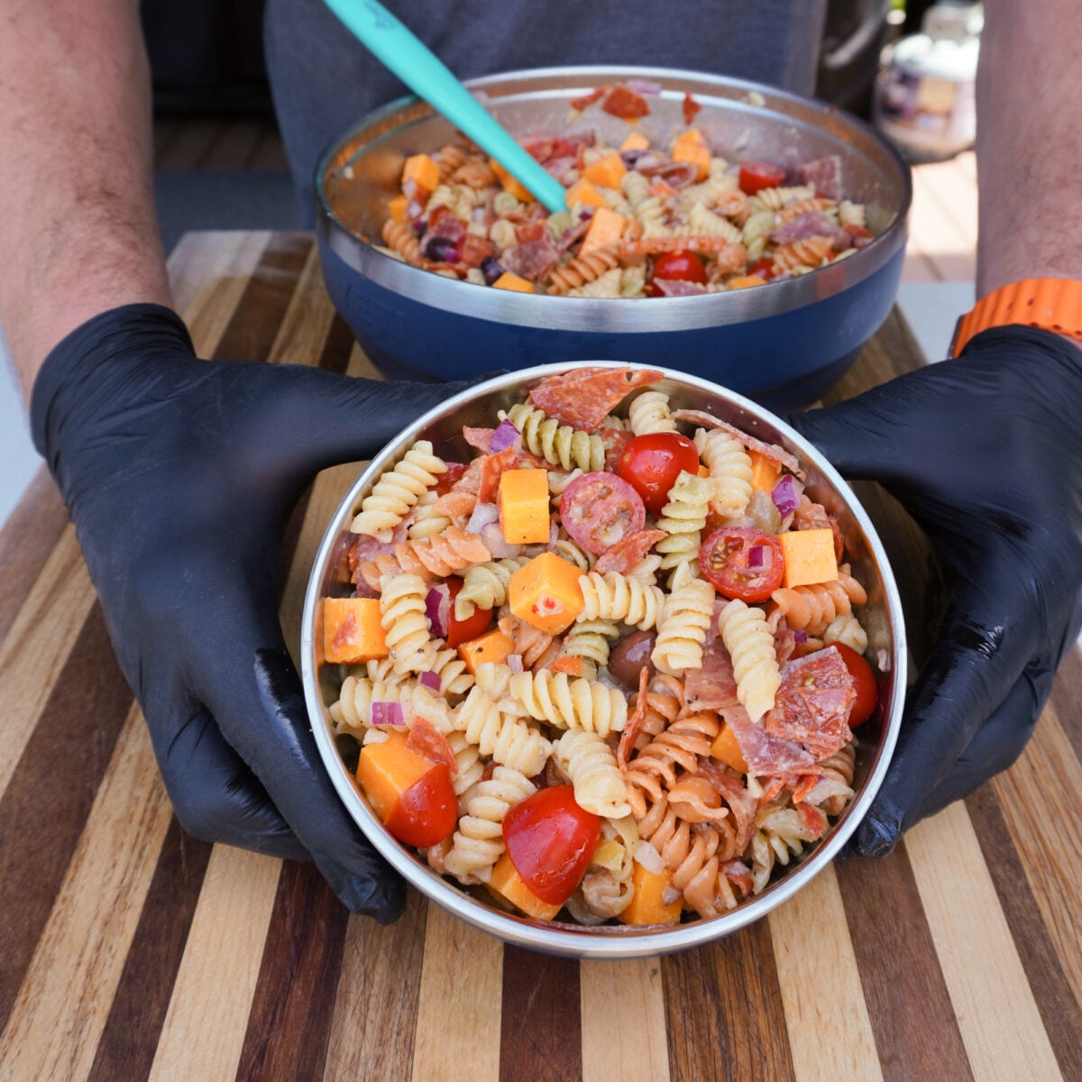 Chicago Style Pasta Salad presented.