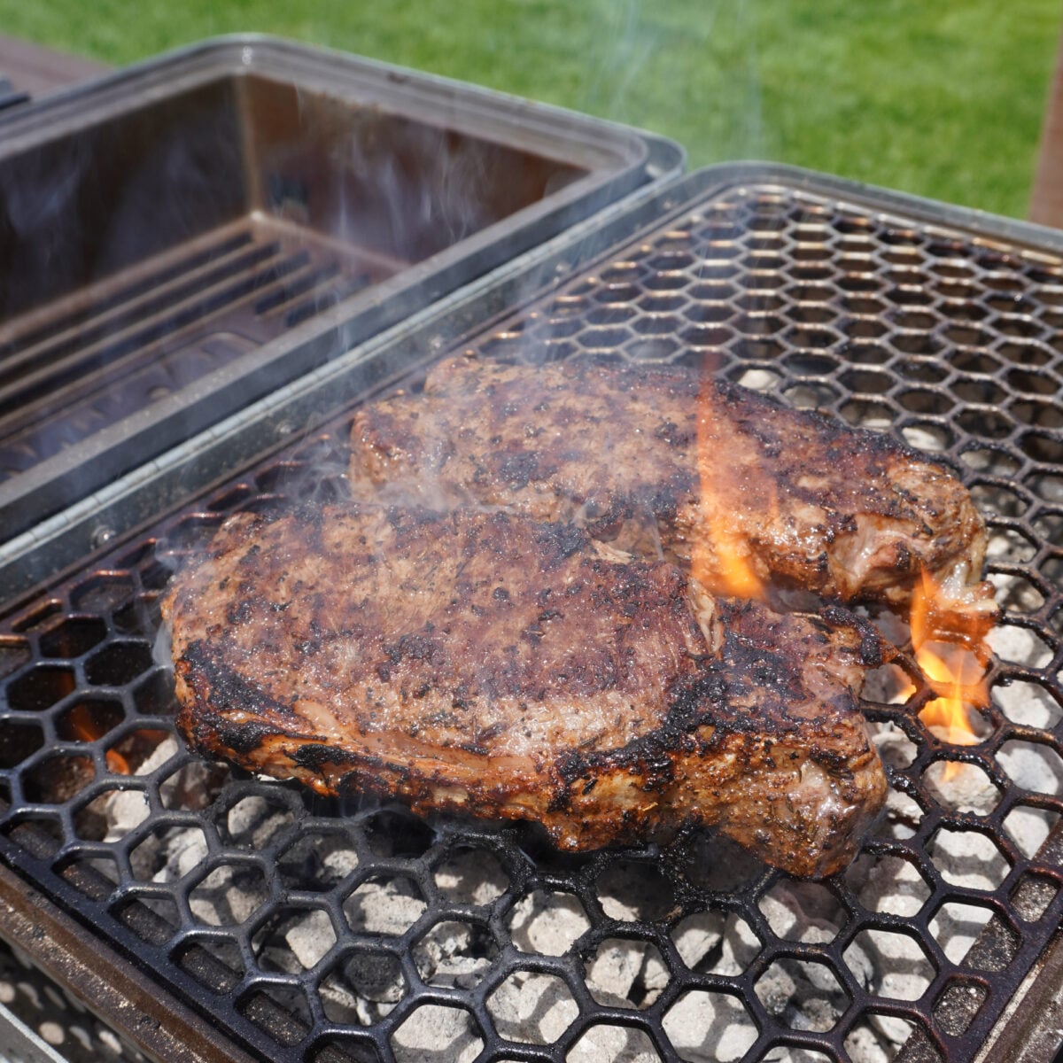 2 New York Strips on the grill for the Steak Salad with Horseradish dressing.