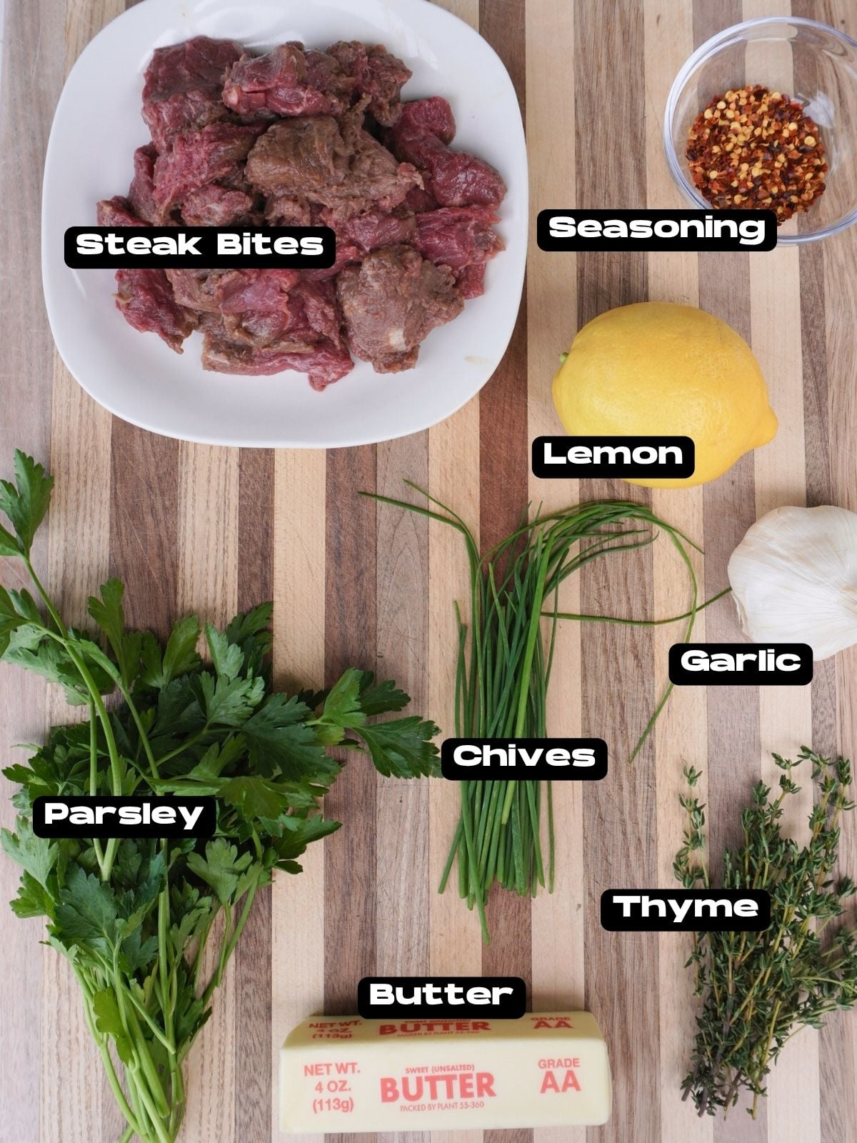 Ingredients needed to make cowboy butter steak bites.