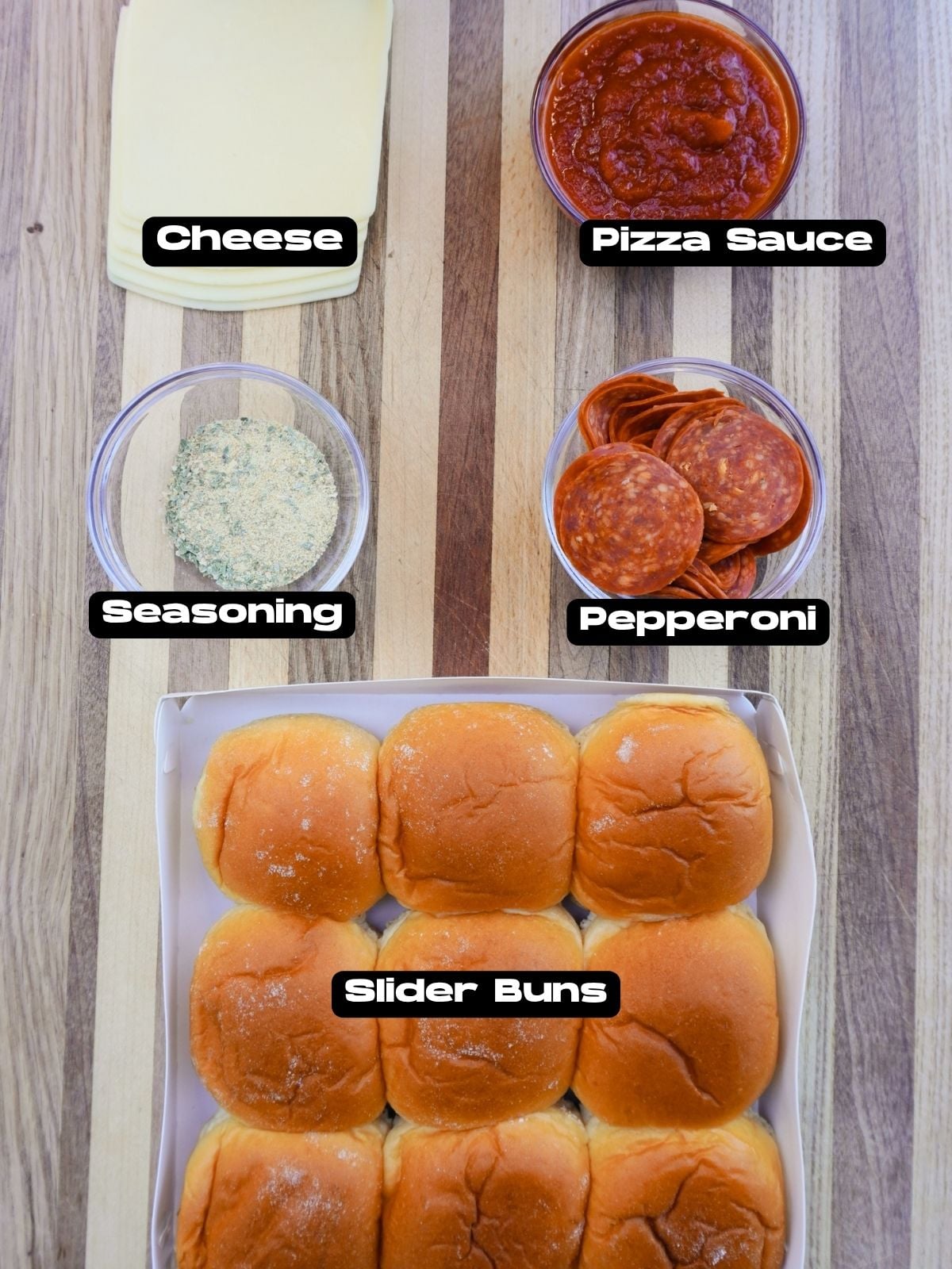 Ingredients needed to make Grilled Pizza Sliders.
