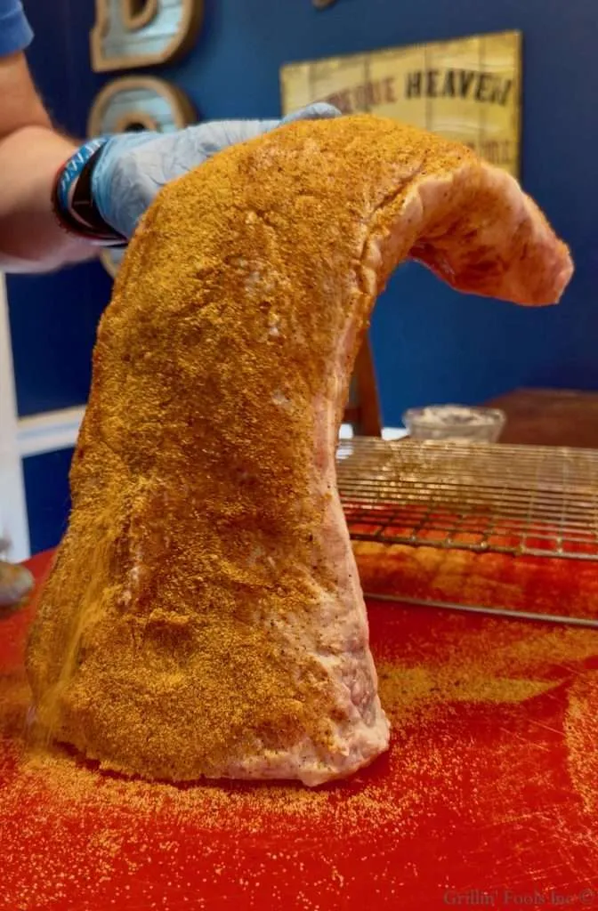 Large pork loil standing upright on a red surface, heavily seasoned with a golden rub, held by a gloved hand.