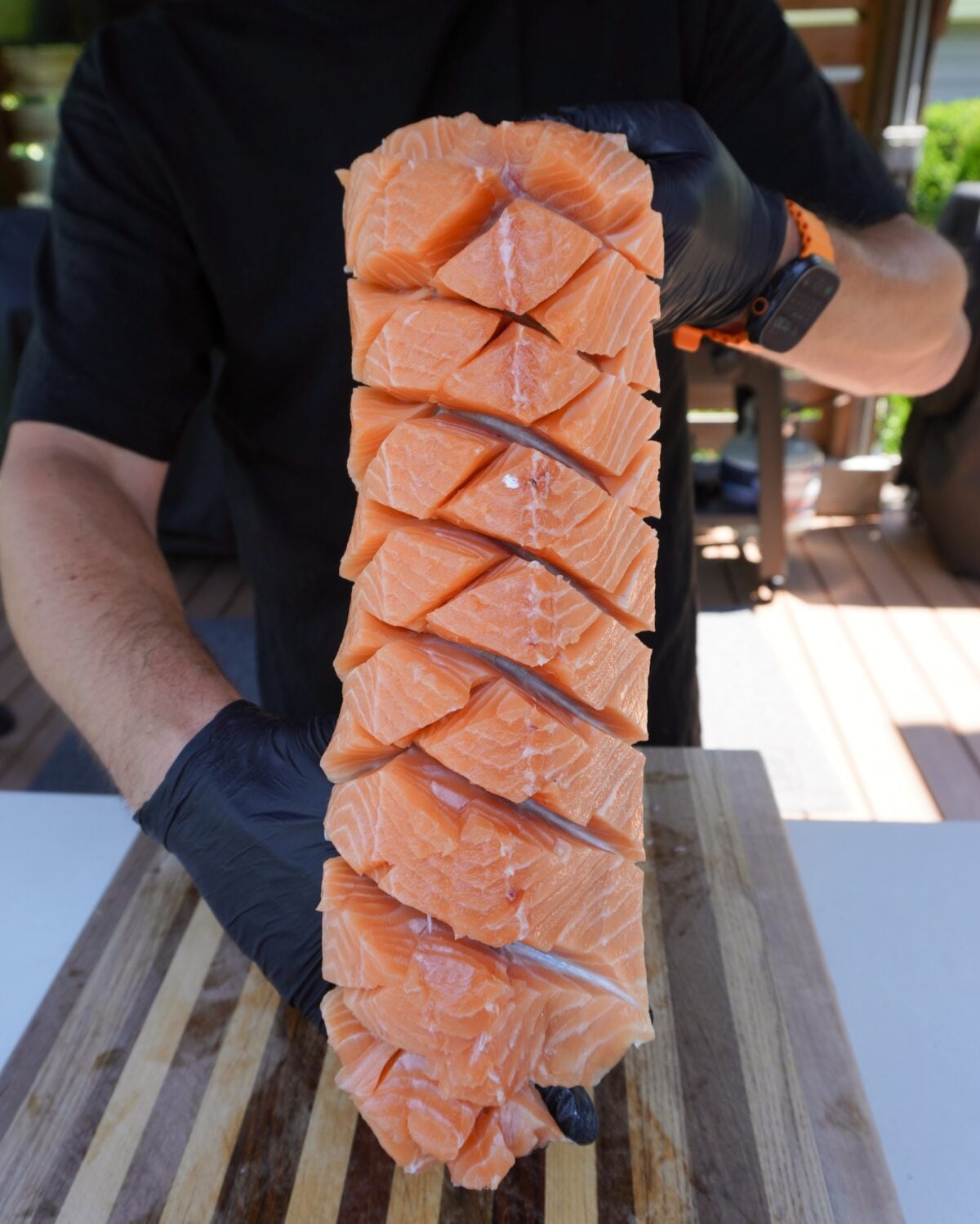 raw salmon in a cross hatch pattern.
