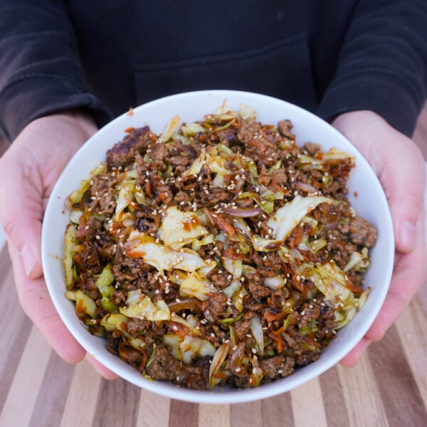 beef egg roll bowl presented.