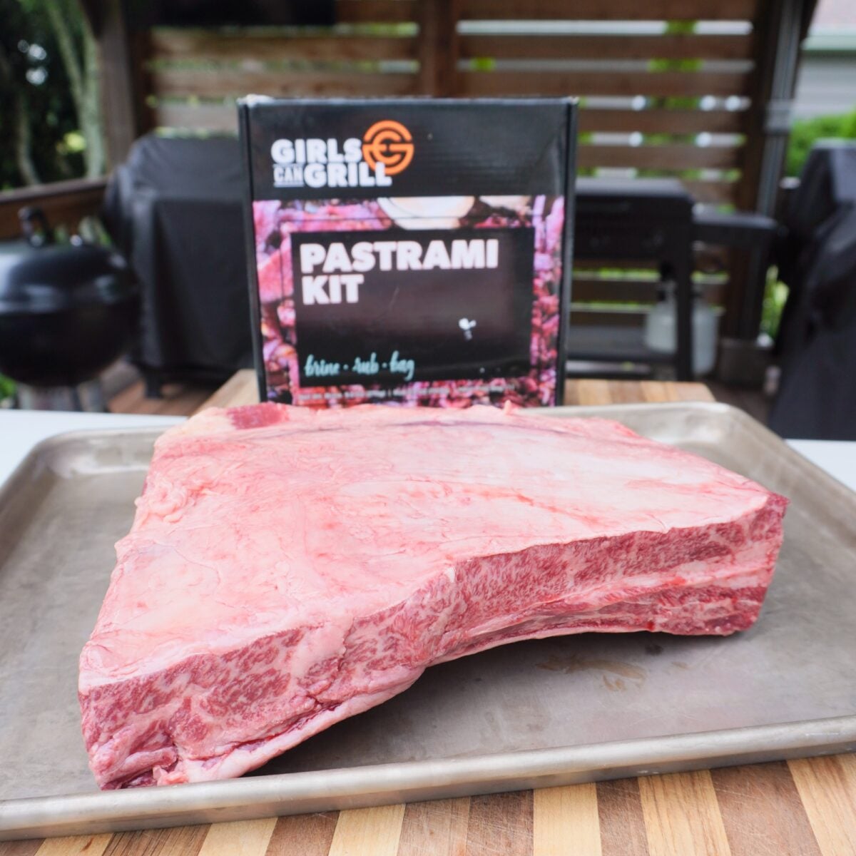 Raw beef ribs and pastrami kit.