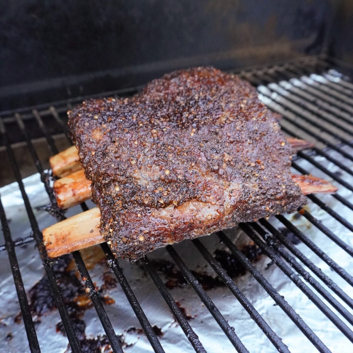 Smoked Pastrami Beef Ribs on grill.