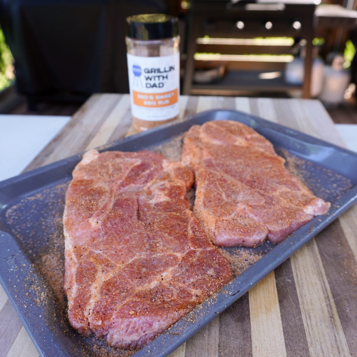 Seasoned pork steaks.