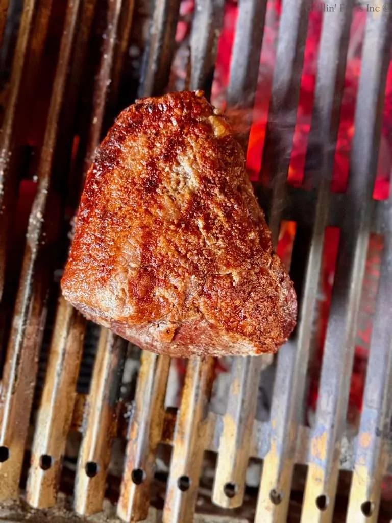 A picanha roast with the fat cap all browned and beautiful, on a charcoal grill, taken from above.