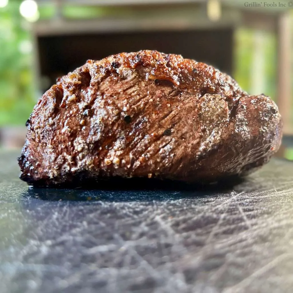 A roasted picanha roast resting on a black cutting board