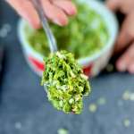 A spoonful of thick and very green chimichurri sauce