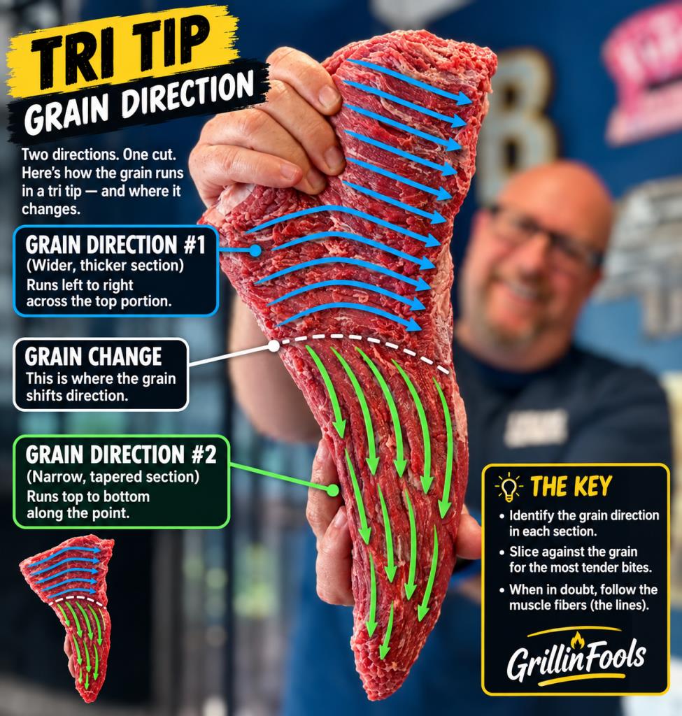 An infographic showing the way the grain runs on the tri tip