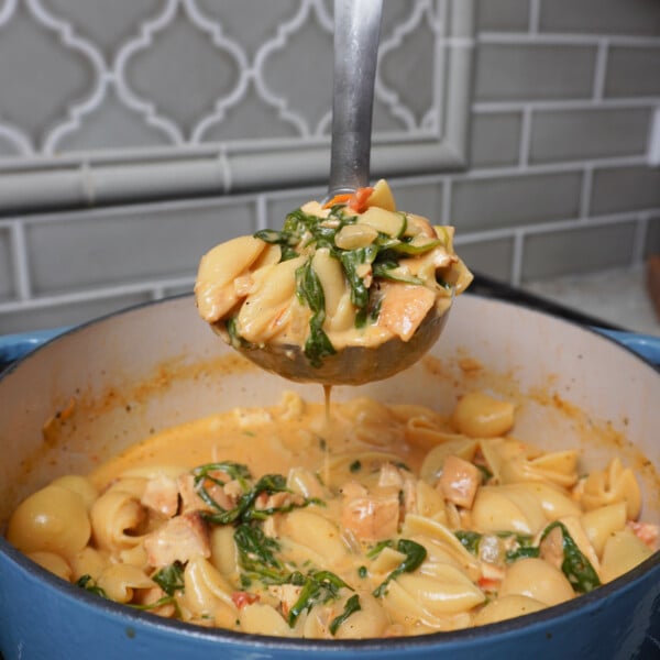 Easy Marry Me Chicken Soup on a ladle.