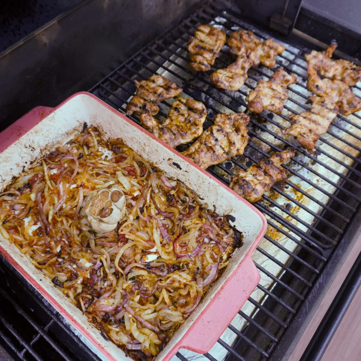caramelized onion and grilled chicken on the smoker.