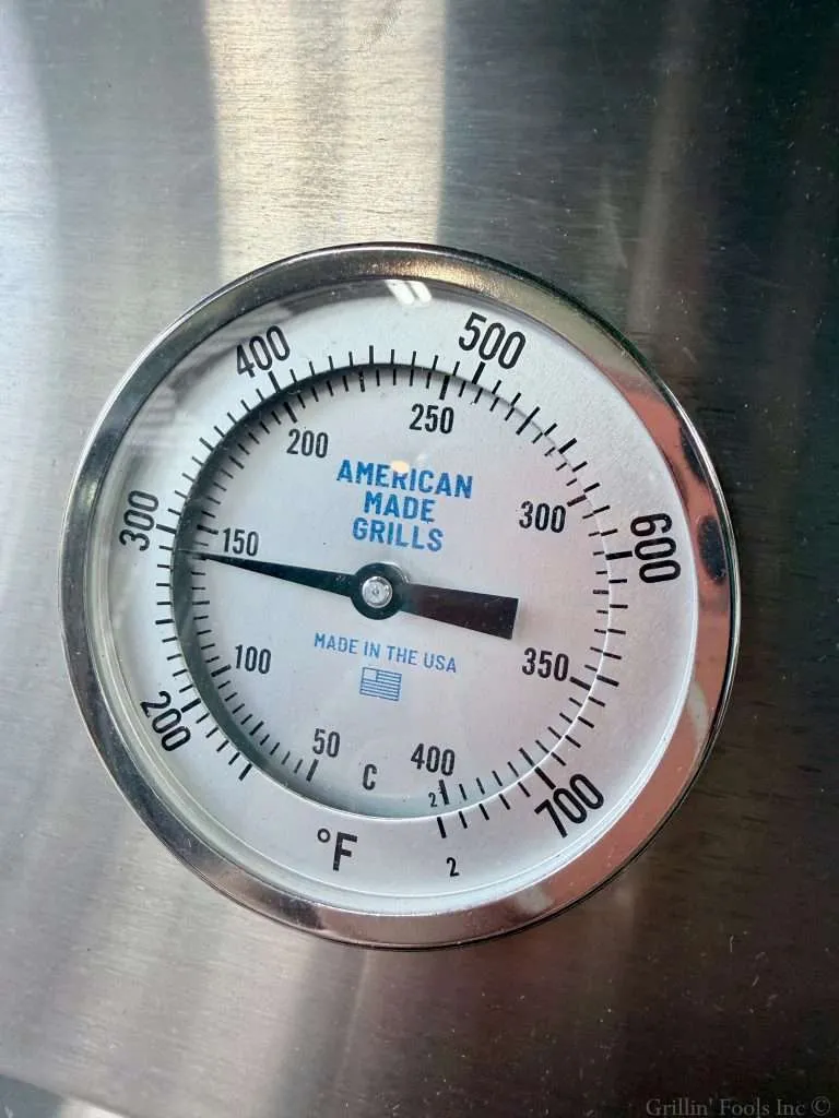 Temperature gauge reading 290F on a stainless steel BBQ grill